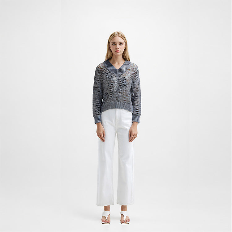 Stylish gray sweater with V-neck, long hollow sleeves, knitted pullover