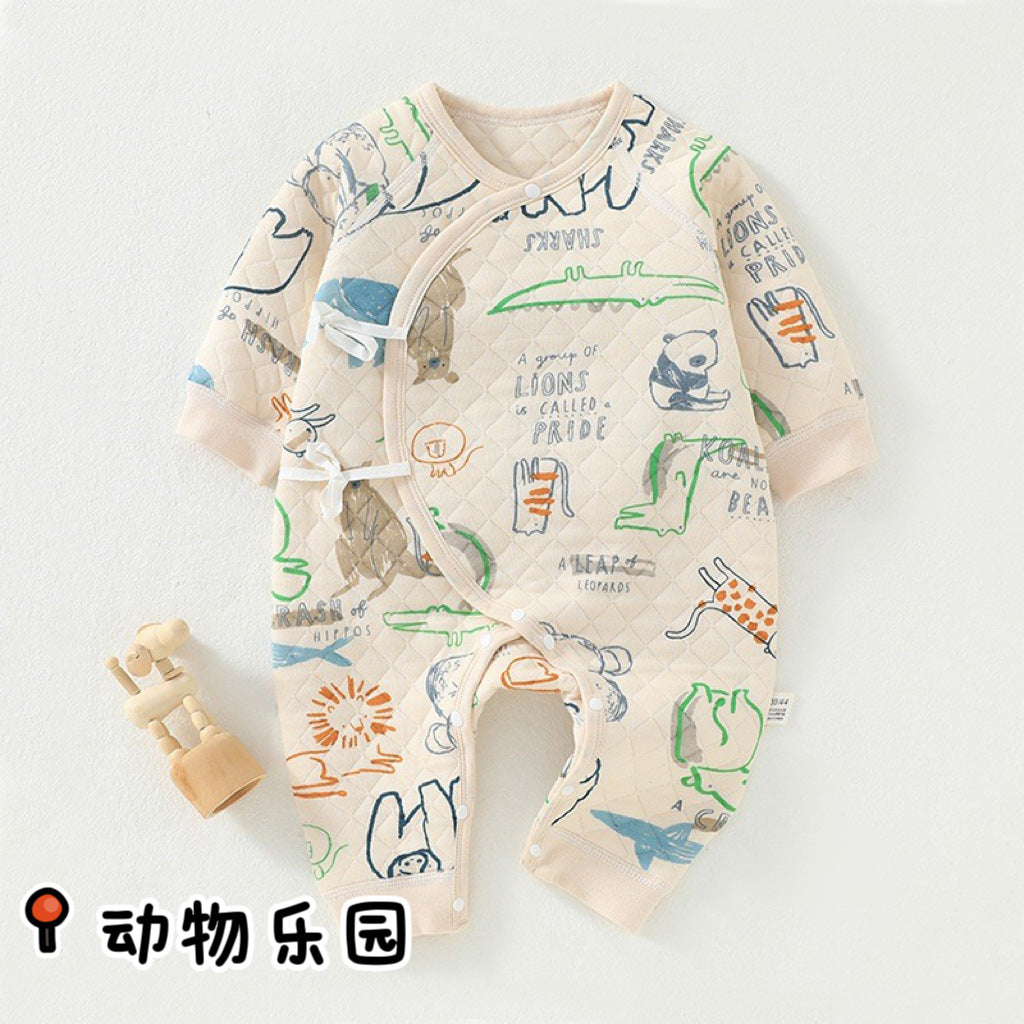 Newborn three-layer warm jumpsuit for autumn and winter, thickened initial baby clothes, pure cotton A-class baby clothes, butterfly clothes