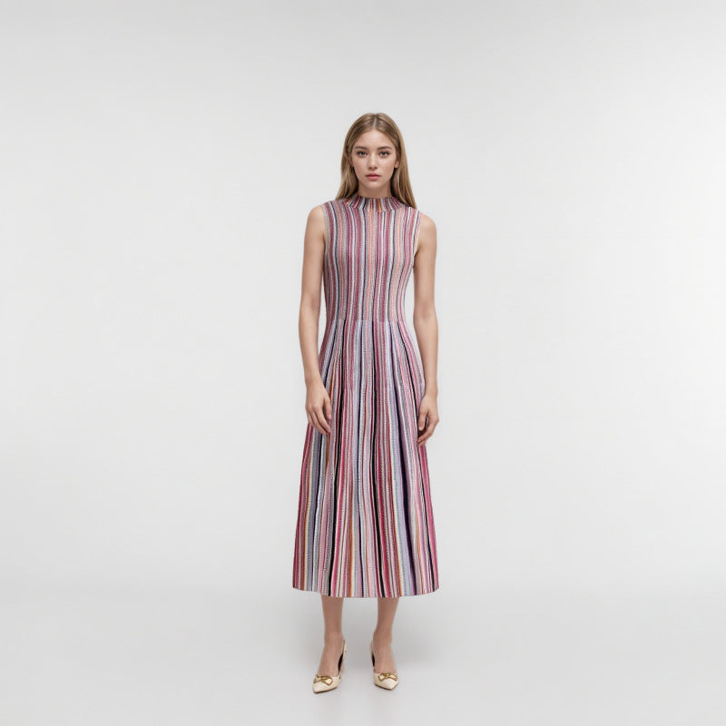 Sophisticated Italian-style striped knit dress with a round neckline, sleeveless, mid-length, high quality