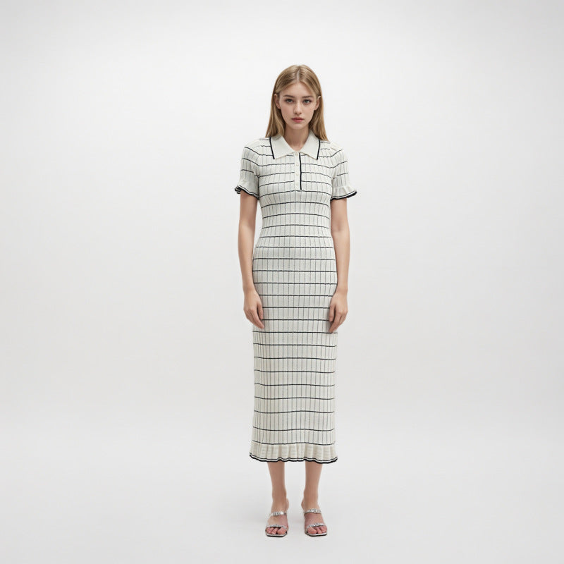 French elegance knit dress with short sleeves, white collar, and medium-length stripes of high quality