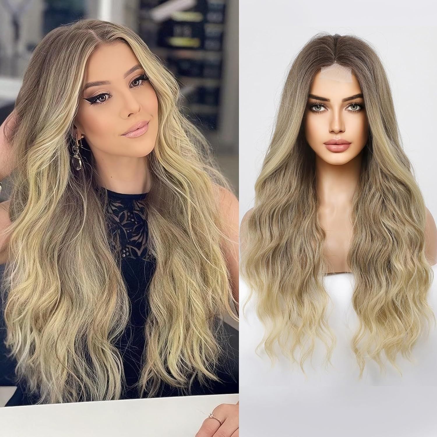 Amazon's new wig for women in Europe and America, front lace synthetic headband, small lace, medium split, long curly hair wigs