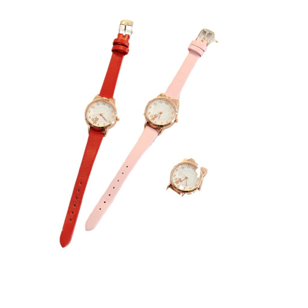 Kitten Pattern Women's Fashion Watch PU with Small Scale Student Minimalist Quartz Set Bracelet Minimalist Style Watch