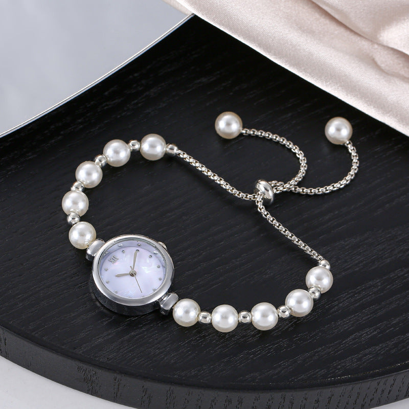 Cross border new pearl bracelet women's quartz watch niche light luxury small dial pull-out adjustable watch hot item
