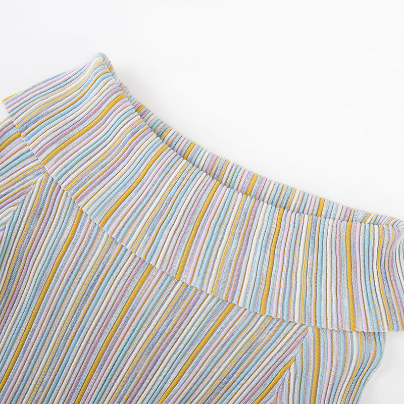 Elegant dress with off-the-shoulder top, long sleeves, colorful stripes, and mid-length in high-quality knit fabric