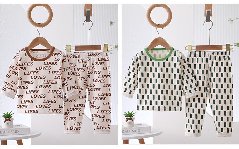 Lycra cotton children's autumn clothes and pants, Class A spring and autumn boys' and girls' pajamas, home clothes, underwear set, Anyang children's clothing