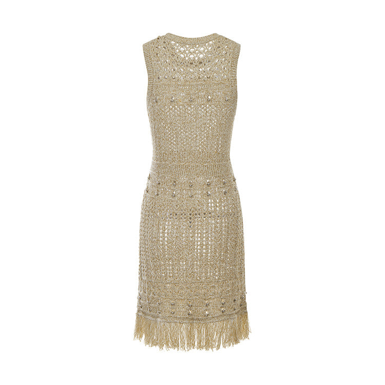 Knitted dress with round neckline and open fringe details, sleeveless miniskirt