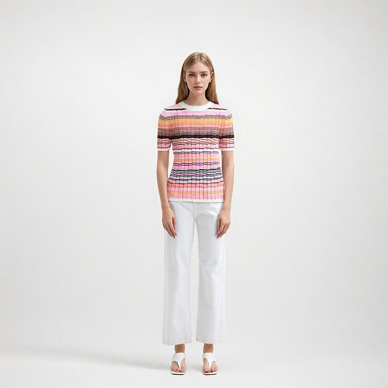 Elegant Italian-style striped knit blouse with a round neckline and short sleeves, made from high-quality cotton and Tencel