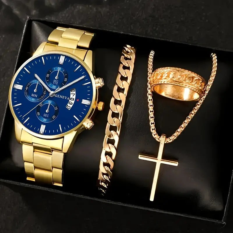 Men's 4-piece luxury stainless steel quartz watch with calendar, gold cross necklace, bracelet and ring