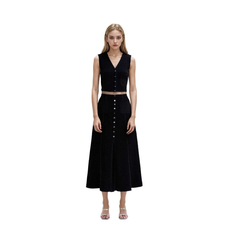 Elegant black set featuring a V-neck knit top and high-quality long high-waisted skirt