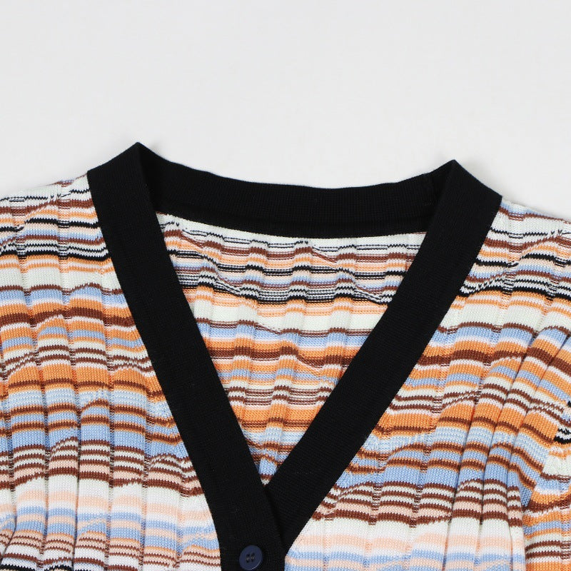 Stylish Italian fashion cardigan with V-neck, long sleeves, and stripes, made from Tencel cotton