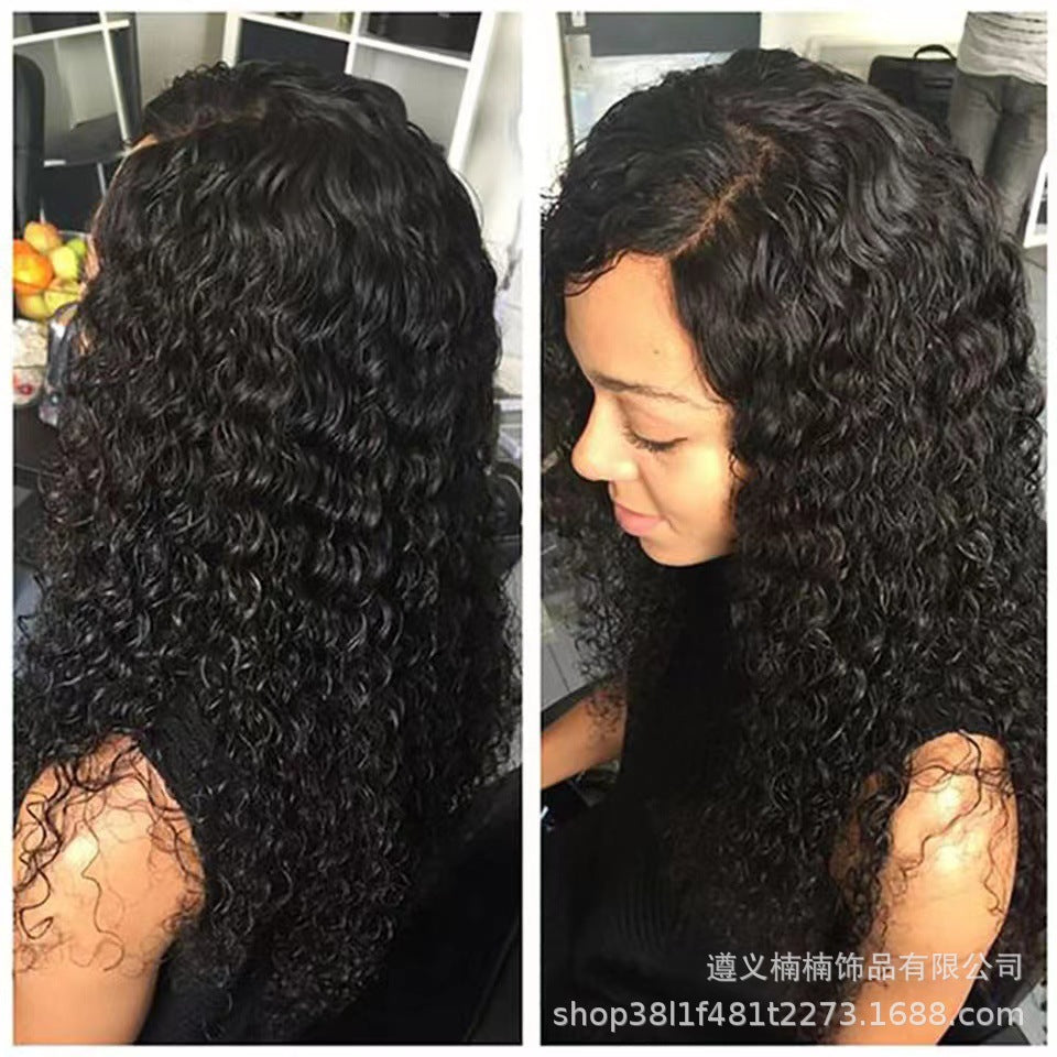 European and American women's wig front lace black long small curly hair African cross-border fashion mid split high temperature silk corn perm