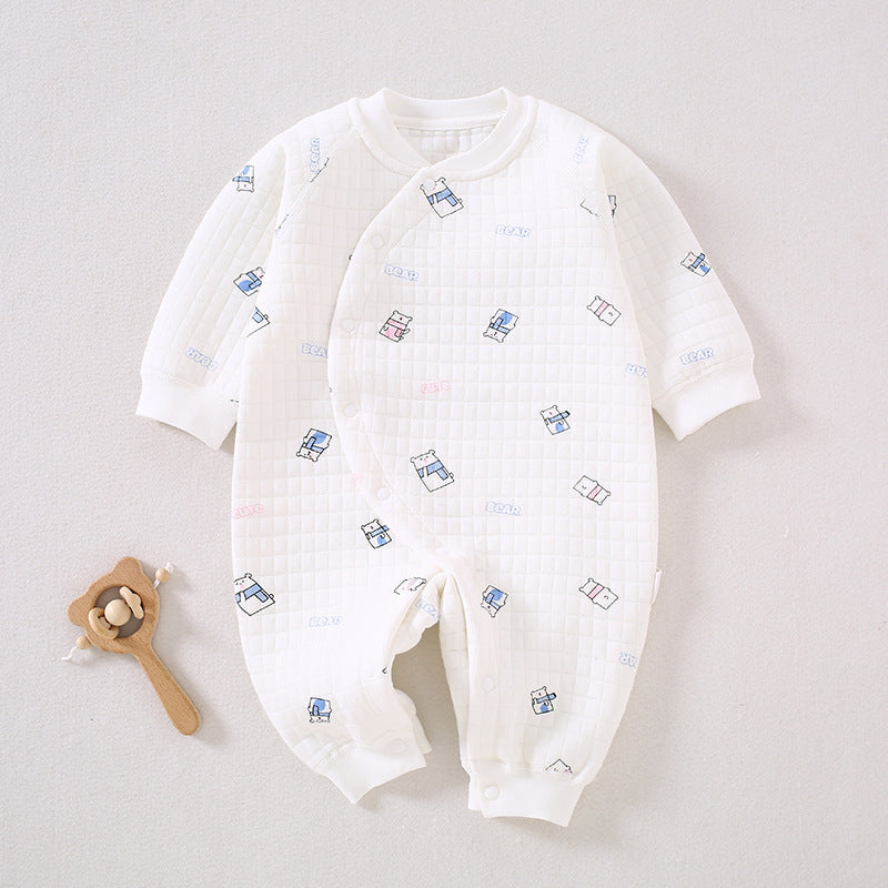 Baby three-layer warm jumpsuit newborn clothes pure cotton A-class baby autumn and winter warm clothes jumpsuit crawling clothes