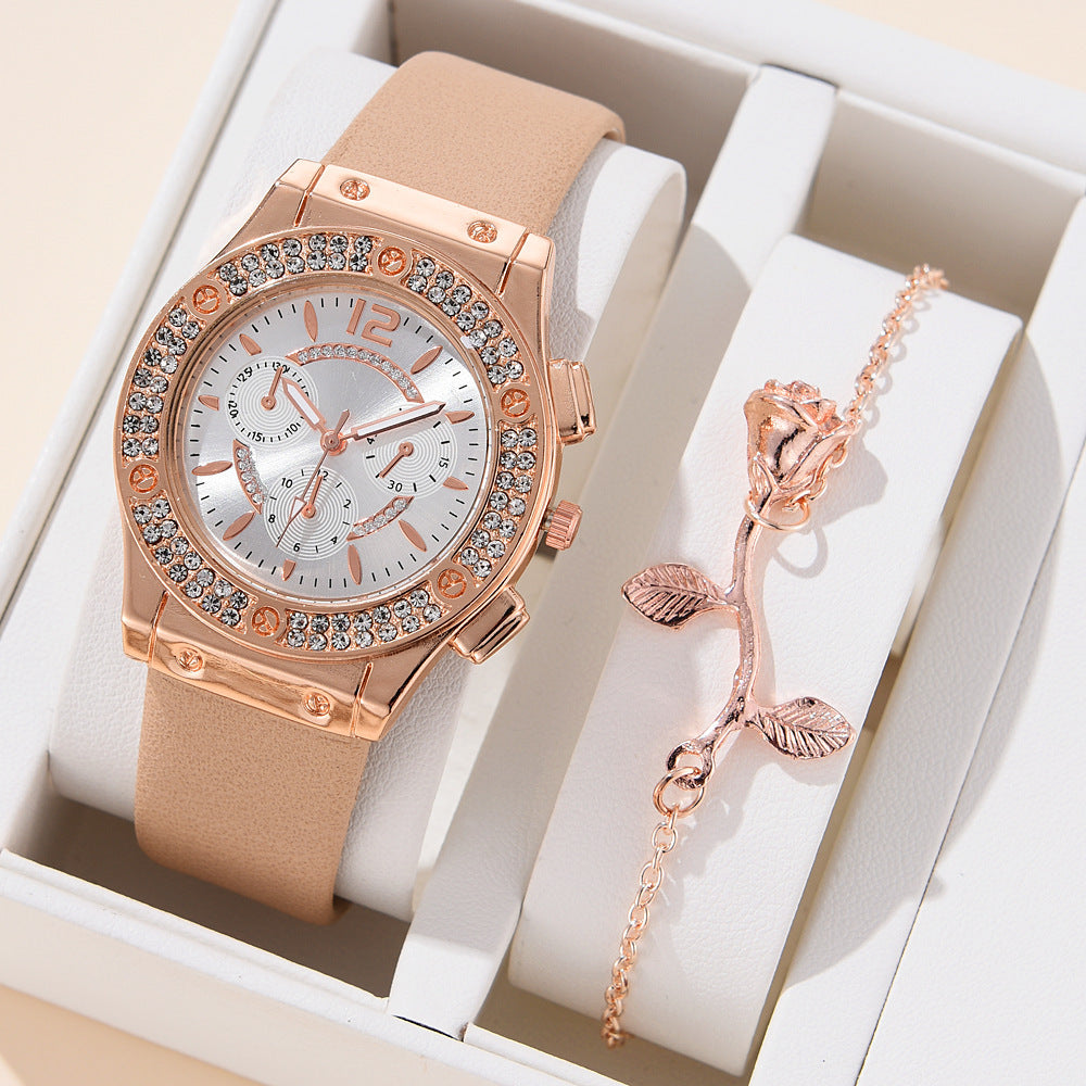 Cross border Korean version diamond studded fashionable PU watch strap watch simple watch bracelet two-piece set wholesale watch women's trend