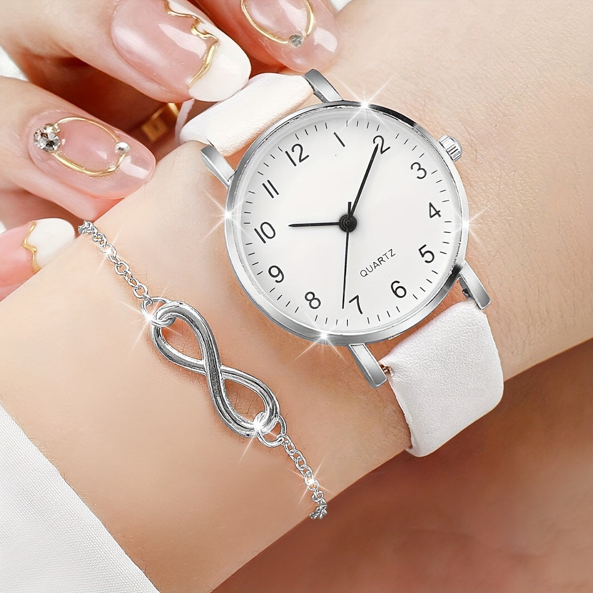 Fashionable women's quartz stone watch, PU belt and jewelry set, alloy case simple watch with large dial