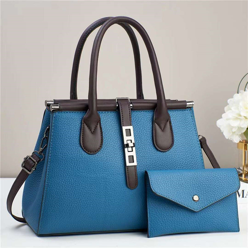 Trendy Bag 2025 New Color Contrasting Handbag Women's Lock Lock Design Texture Large Capacity Shoulder Bag Two Piece Set
