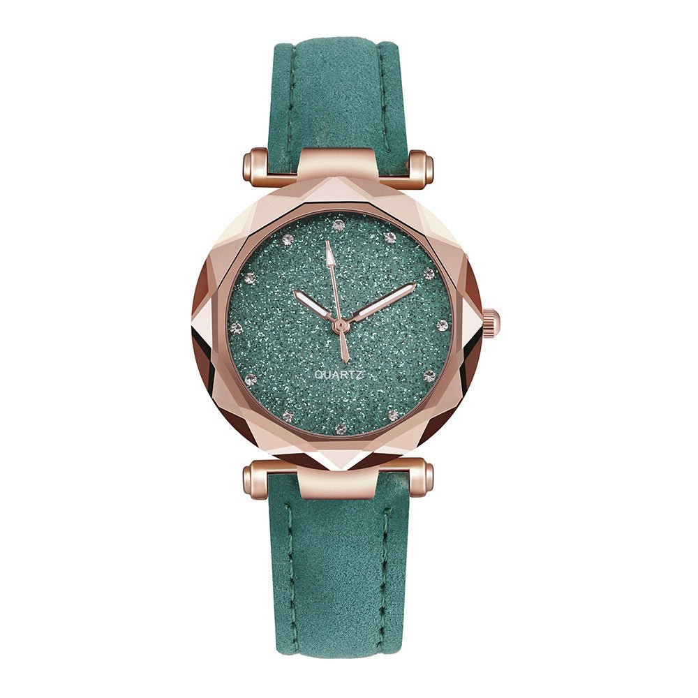 Hot selling silver powder rhinestone face women's watch with frosted leather strap for women's casual trend two-piece set watch