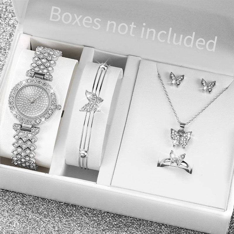 6PCS/Fashion rhinestone women's quartz watch steel strap bracelet watch jewelry set