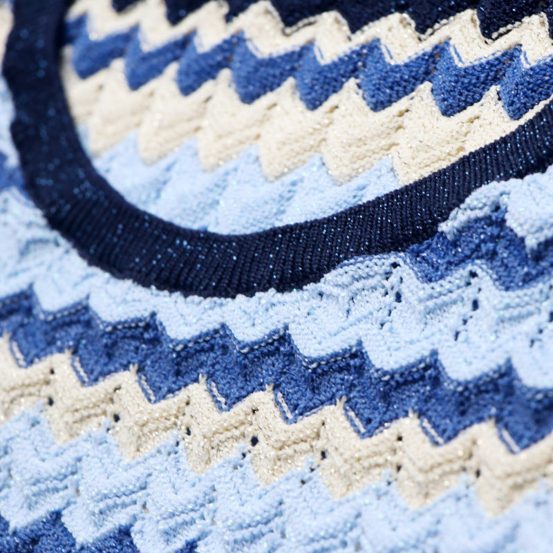 Elegant French knit set with round neckline, sleeveless, and high-quality wavy stripes