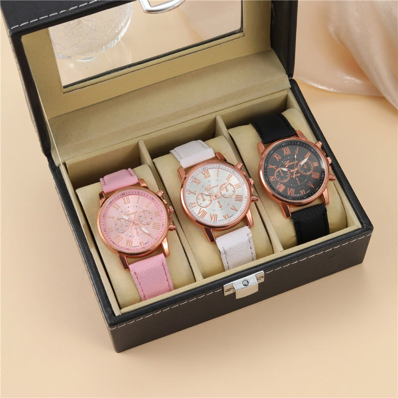 Women's Watch Geneva Geneva Fake Three Eyelid Strap Fashion Women's Roman Scale Women's Watch
