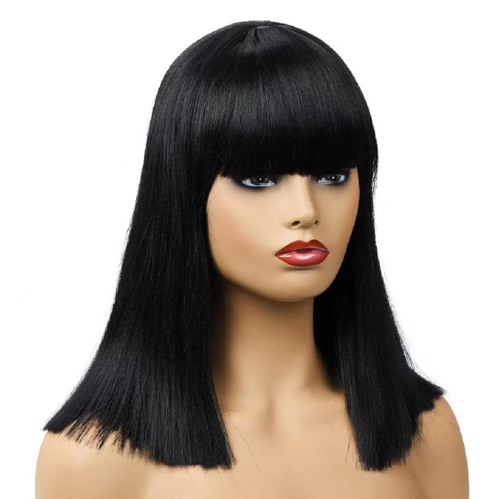 European and American wig with bangs, black short straight hair, synthetic high-temperature silk, rose mesh head cover manufacturer, spot wholesale