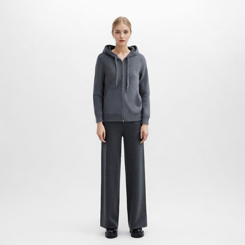 Stylish gray cardigan with hood and long sleeves made from cashmere wool