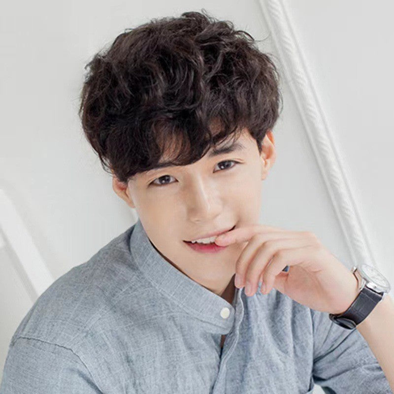 Korean style fashionable men's wig, handsome men's short curly hair, fluffy natural curly hairstyle wig, and headband in stock