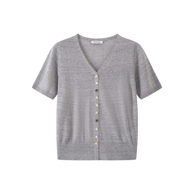 Lightweight wool and linen knit sweater with V-neck, short sleeves, and high-quality buttons