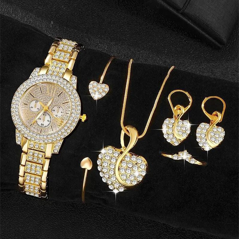 Manufacturer Direct Full Diamond Luxury Bracelet Watch Set Women's Time Quartz Watch Exquisite Five Piece Set Calendar Chain