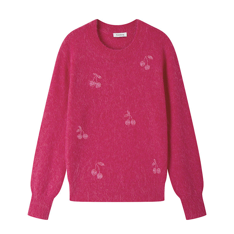 High-quality embroidered alpaca wool sweater with round neckline and long sleeves