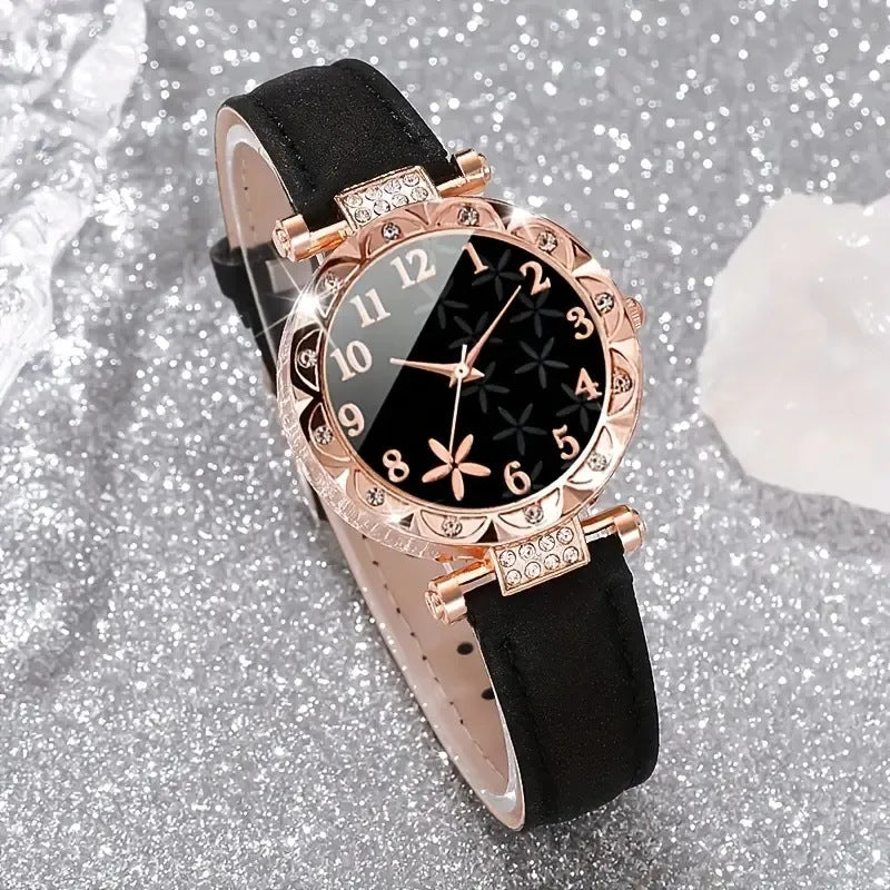 Foreign trade women's watch new women's diamond inlaid dial belt quartz watch bead bracelet set 5pcs/set popular