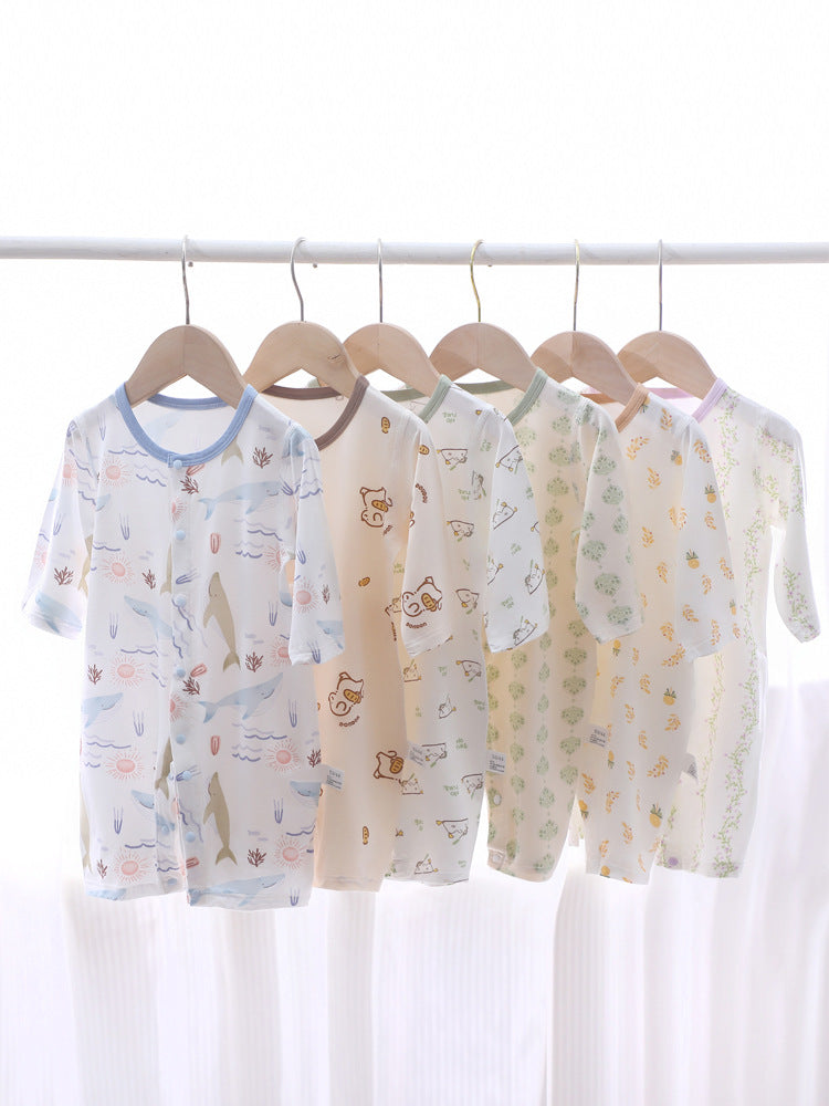 Baby jumpsuit summer thin A-level ice Doraemon Yukos Tencel newborn baby crawling suit closed Ha