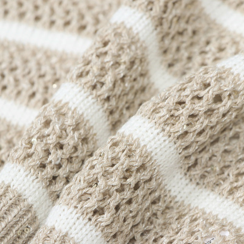 Striped knit blouse with V-neckline, sleeveless and beaded, in a blend of high-quality linen and cotton