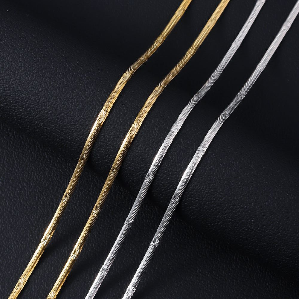 Cross border hot selling stainless steel embossed push button necklace for women, 18K real gold electroplated titanium steel batch flower push button chain in the furnace