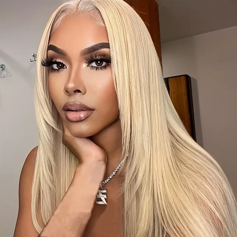 Amazon Cross border Foreign Trade European and American Fashion Light Gold African Hot Selling Front Lace Middle Split Straight Hair Wig Headset