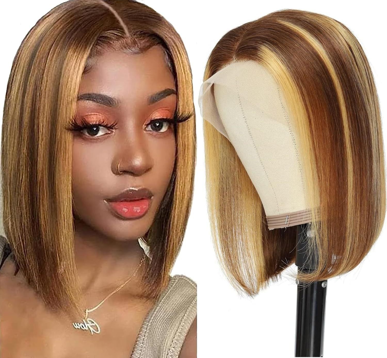 Cross border wig for European and American women, front lace synthetic full head cover, piano color, medium split short straight hair manufacturer wholesale