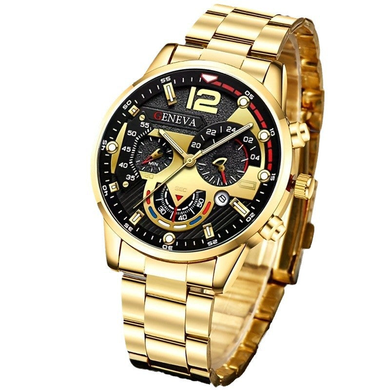Men's 4-piece luxury stainless steel quartz watch with calendar, gold cross necklace, bracelet and ring