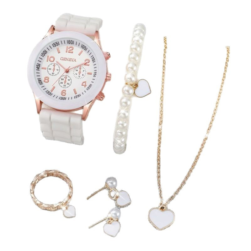 6PCS/Women's Watch Fashion Silicone Strap Quartz Watch Pearl Heart Jewelry Set (No Box)
