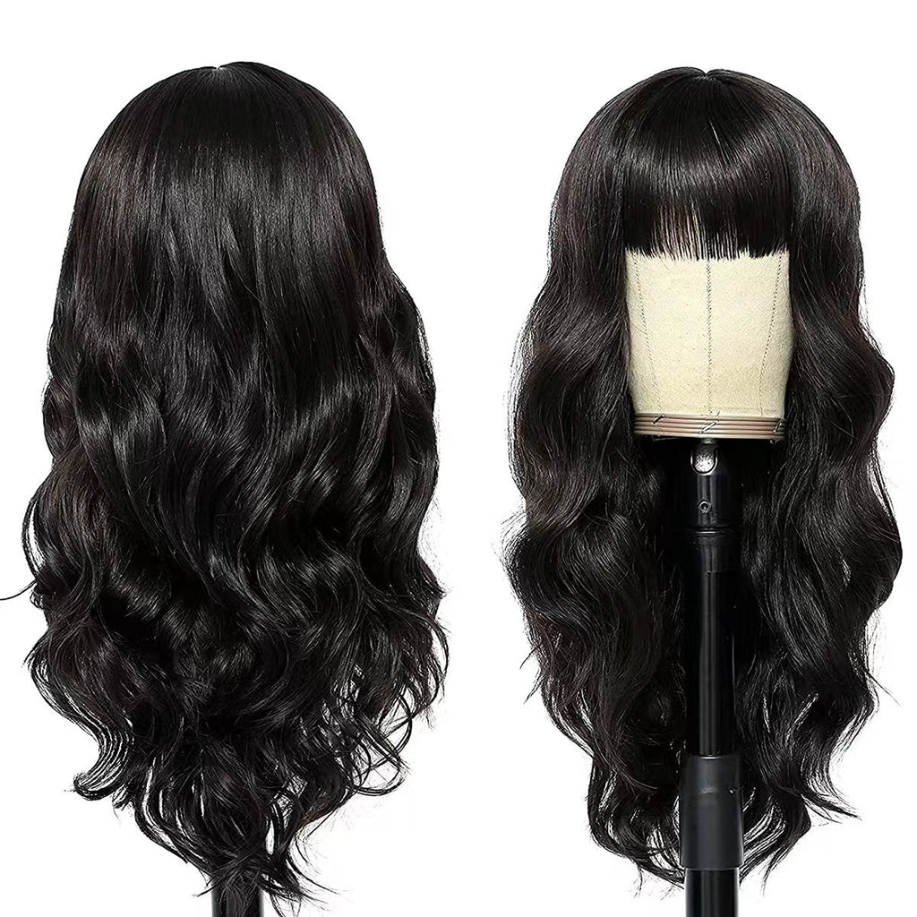 European and American women's new wig long wave wig with bangs, black synthetic long curly hair headband, factory stock