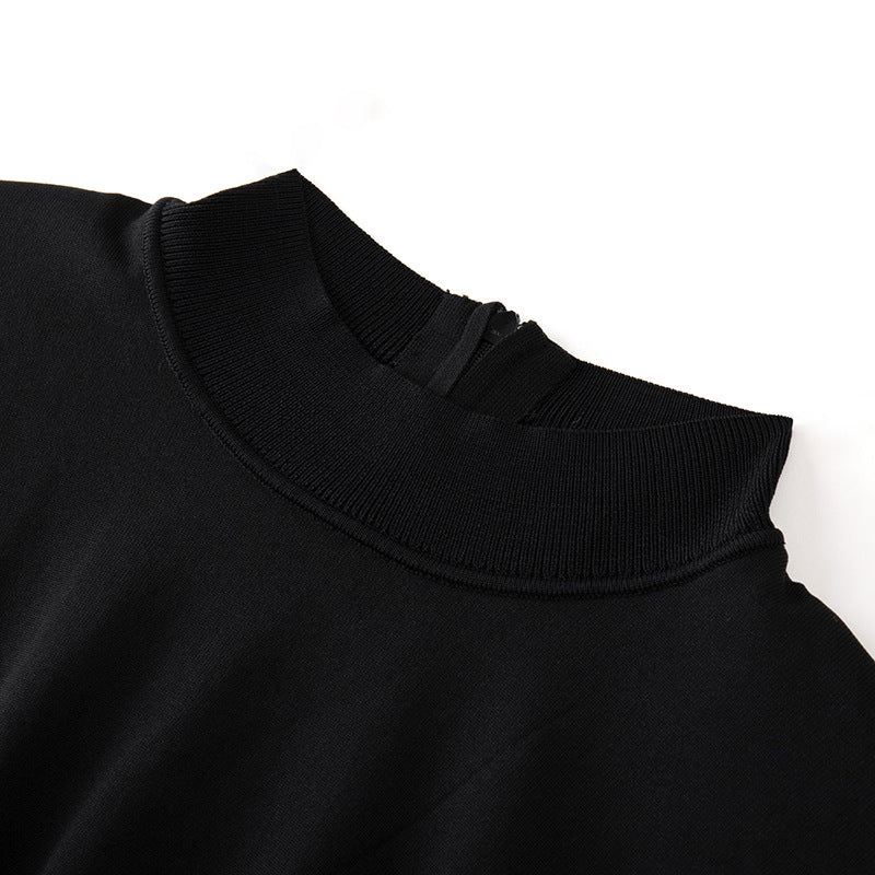 Elegant and simple black dress with a round neckline, fitted waist, stretch fabric, and short sleeves, made from high-quality knit fabric