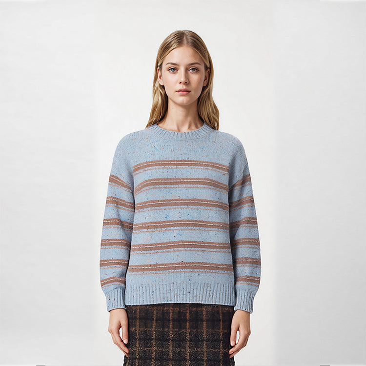 High-quality, stylish sweater with a round neckline, long sleeves, wool and mohair knit, striped, loose-fitting, and comfortable