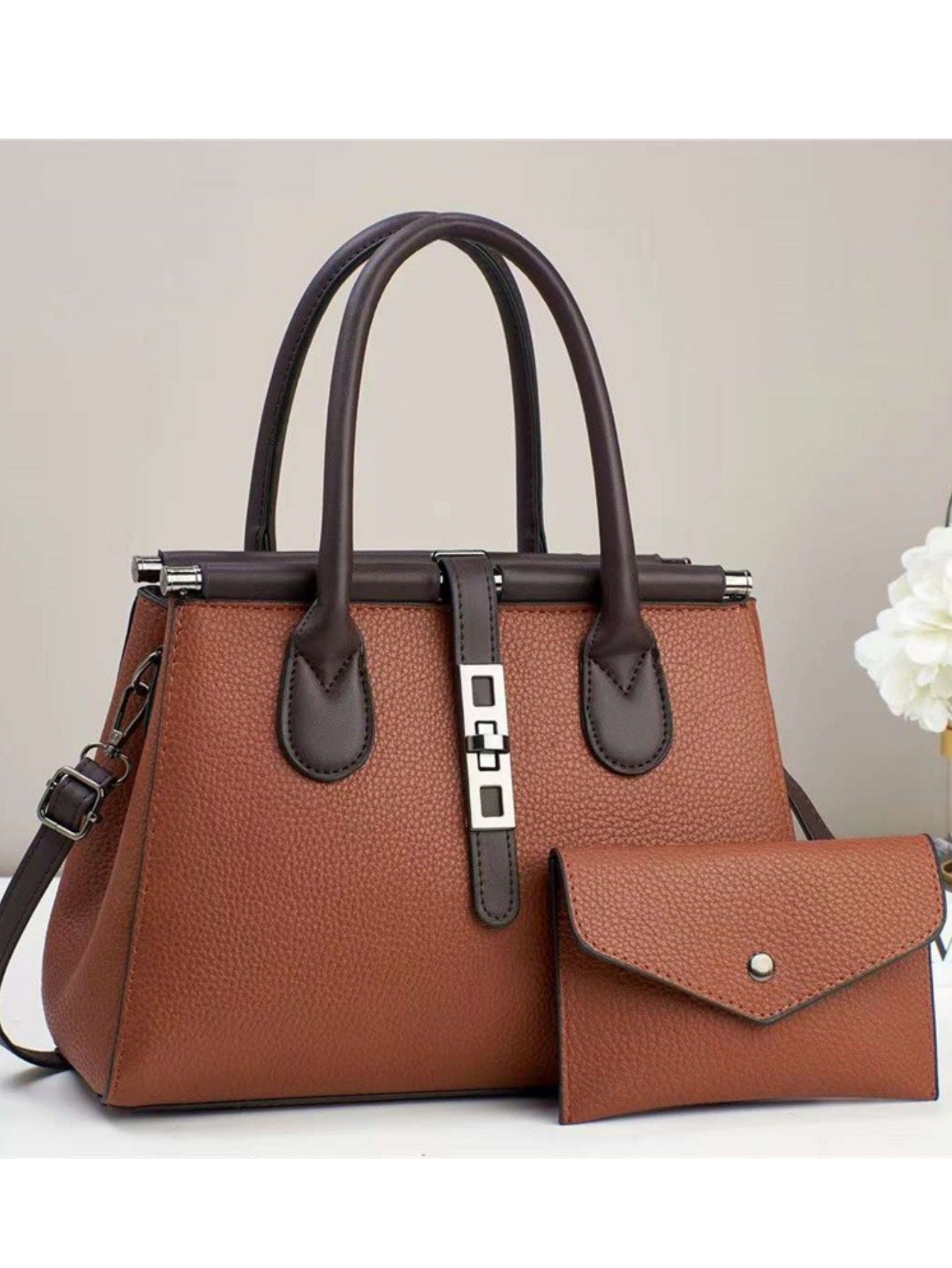 Trendy Bag 2025 New Color Contrasting Handbag Women's Lock Lock Design Texture Large Capacity Shoulder Bag Two Piece Set