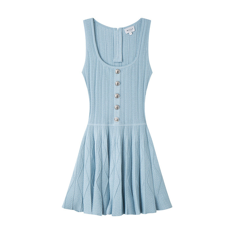 Elegant dress with square neckline, sleeveless, strapless, and pleated, made of high-quality knit fabric