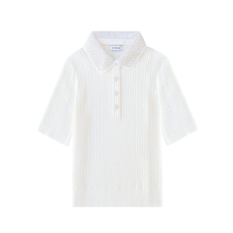 Elegant white polo shirt with high collar and short sleeves, embroidered, 100% high-quality wool