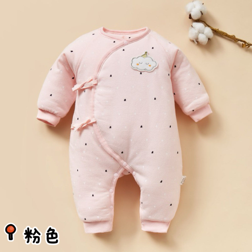 Winter baby lace up jumpsuit warm newborn clothes 0-3 baby pure cotton thick clip cotton clothes butterfly clothes