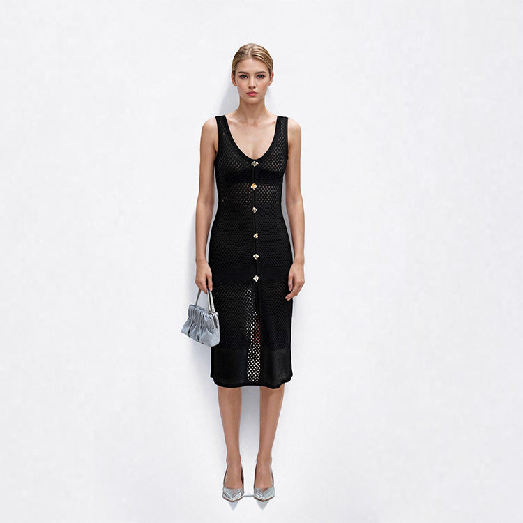 Beach resort knit dress with thin straps, black V-neckline, sleeveless, and buttons
