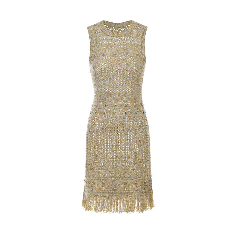 Knitted dress with round neckline and open fringe details, sleeveless miniskirt