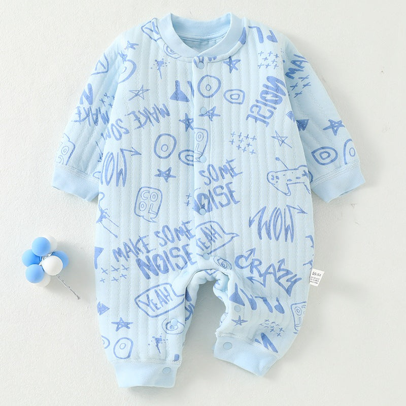 Baby jumpsuit with three layers of warm and thick newborn clothes made of pure cotton for autumn and winter, baby clothes, underwear, crawling clothes
