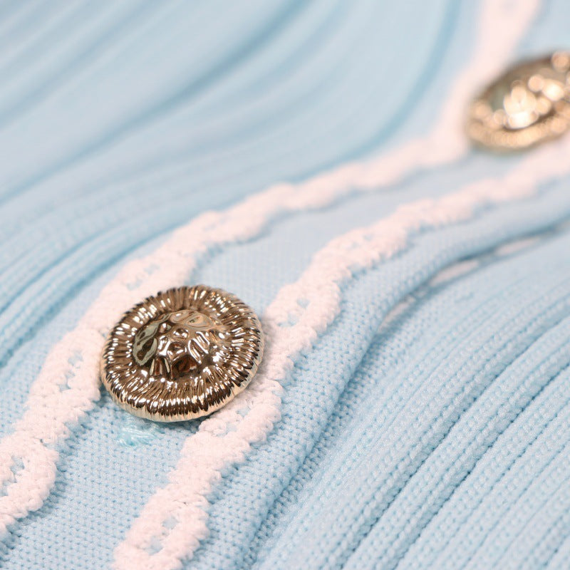 Elegant light blue knit dress with collar, short sleeves, A-line cut, fitted waist, and buttons, high quality