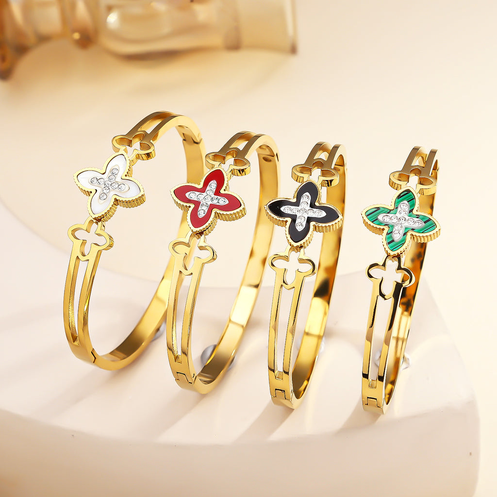Titanium steel four leaf flower bracelet cross-border hot selling women's diamond inlaid colorful bracelet plated 18K gold fashionable stainless steel bracelet