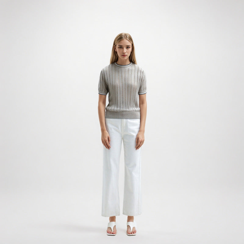 Elegant sweater with round neckline, short sleeves with linen bow and beads High-quality pullover